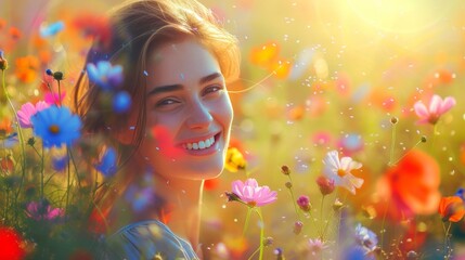 A smiling female enjoy outdoors in spring field with plant flower grass in allergy season - obrazy, fototapety, plakaty