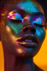 Woman with Sparkling Glitter Makeup in Neon