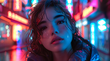A woman's face is captured intimately with colorful neon reflections adding mood to the rainy urban setting