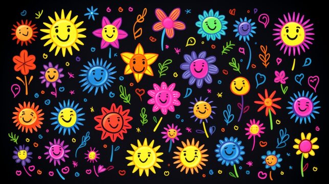 Hand drawn doodle sketch wallpaper sun, rainbow, and flowers in a summer concept pattern