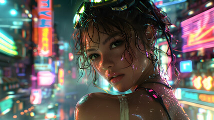 Image depicts a cyberpunk-style figure amid a neon-lit background, reflecting themes of technology and futurism