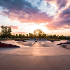 arge outdoor skate park empty at an angle during bright sunset created with Generative Ai
