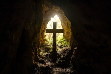 Backlit silhouette of a cross in a cave entrance, symbolizing discovery and enlightenment within darkness - obrazy, fototapety, plakaty