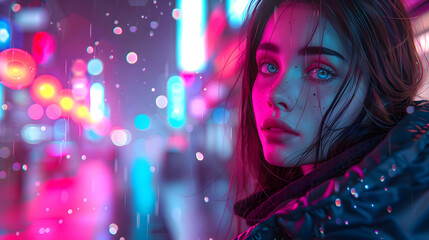 This image captures a young woman's face with raindrops against a lively neon city background glow - obrazy, fototapety, plakaty