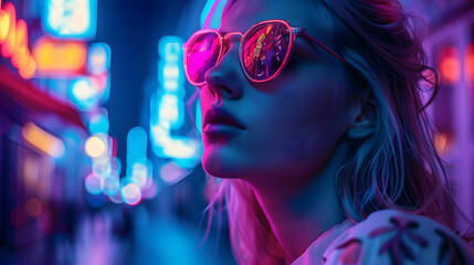 A snapshot of urban nightlife with a woman amidst the pink and blue neon glow of Tokyo streets, evoking youth and freedom