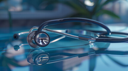 Naklejka premium A stethoscope lies on a smooth blue fabric surface.