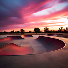 arge outdoor skate park empty at an angle during bright sunset created with Generative Ai