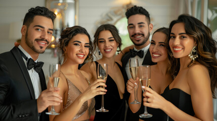Obraz premium Elegantly dressed individuals clink champagne flutes in a festive celebration.