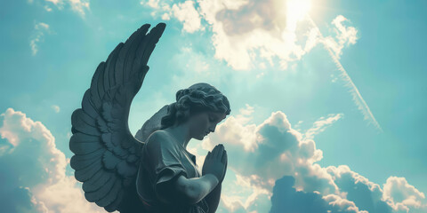Angel Silhouette Praying Against blue Sky background with copy space. Silhouette of angel praying...