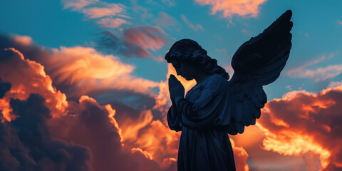 Angel Silhouette Praying Against Sky background with copy space. Silhouette of angel praying with a...