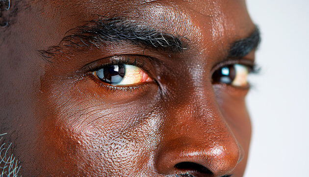 Close up portrait of good-looking serious African man with healthy clean skin. Serious angry macro close-up of eyes black man