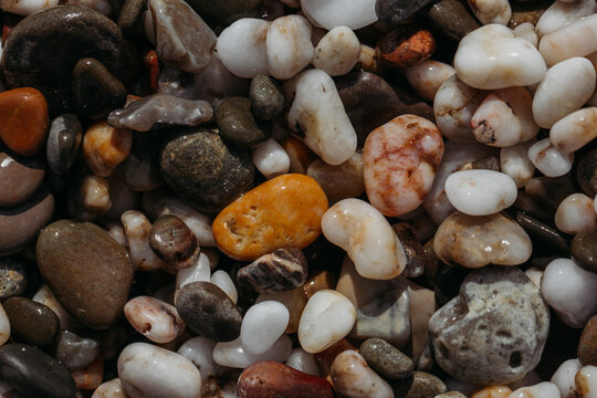 Sea stones of different colors on the shore in close-up
