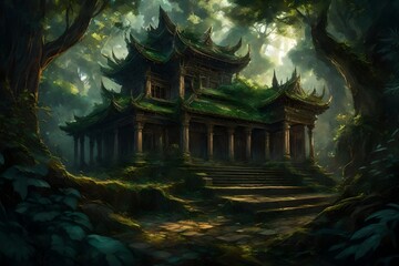 A mystical temple hidden within a dense forest, its intricate architecture peeking through the...