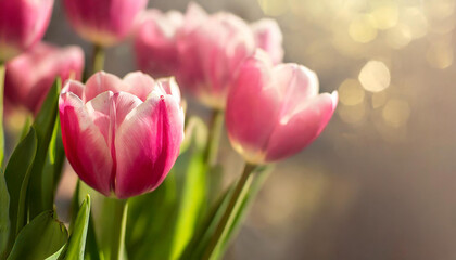 Obraz premium Elegant pink tulips. Cute flowers. Spring season. Beautiful floral banner with blurred background