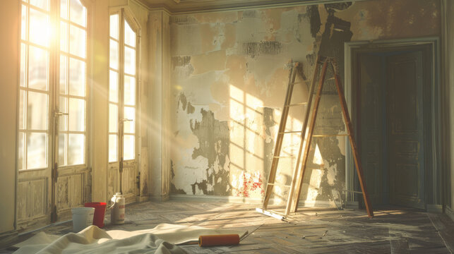 A sunny room is undergoing renovation with painting tools and equipment scattered around.