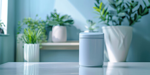 Minimalist Desk white Organizer or  Miniature Trash Bin on a Table background with copy space. Simple table small miniature trash can.