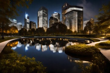 Urban park with a tranquil pond reflecting modern architecture and a symphony of city lights.