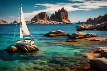 Zelfklevend Fotobehang A sailboat anchored near a rocky shore, the vibrant colors of its sails reflecting in the calm, crystal-clear waters. © Malaika