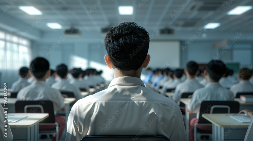 Poster a teacher's back view with rows of students in uniforms facing a blackboard.