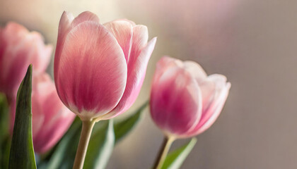 Elegant pink tulips. Cute flowers. Spring season. Beautiful floral banner with blurred background