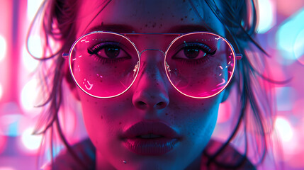 A captivating digital portrait of a woman with glasses, accented by violet neon light