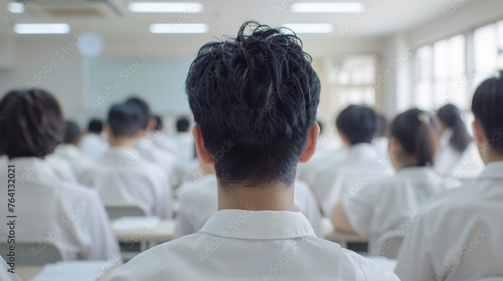 Poster a teacher's back view with rows of students in uniforms facing a blackboard.