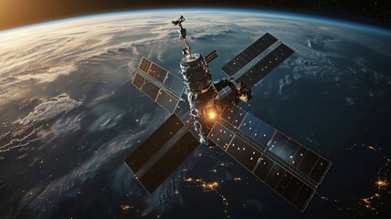 Orbiting spacecraft catches the glow of city lights on Earth's continents at twilight - obrazy, fototapety, plakaty