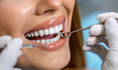 Female patient having her teeth examined by dentist. Close up. Dental clinic promotion. Teeth whitening, dental treatment, oral hygiene, treat a tooth. Smiling young woman receiving dental checkup