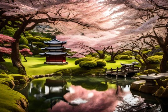 A tranquil Japanese garden with a serene pond, adorned by vibrant cherry blossoms in full bloom.
