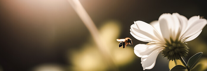 The World Bee Day banner. A small honey bee collects nectar from a white flower. free space for text