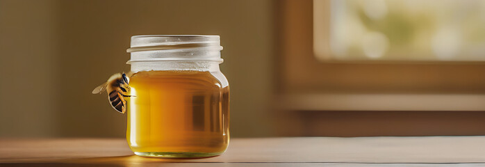 a banner for World Bee Day. a honey bee and a transparent glass jar of honey on a wooden table. natural production. - obrazy, fototapety, plakaty