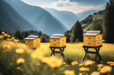 bee hives in a clearing with green grass high in the mountains. alpine honey. production of environmentally friendly honey. The concept of World Bee Day - obrazy, fototapety, plakaty