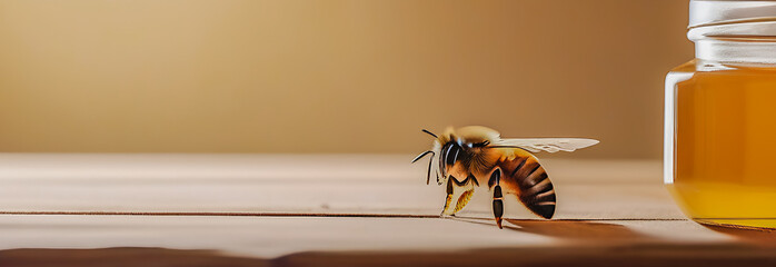 a banner for World Bee Day. a honey bee and a transparent glass jar of honey on a wooden table. natural production.