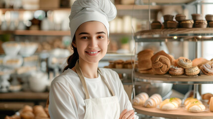Portrait of happy female baker near showcase with pastries in her cafe. Attractive cheerful female confectioner smiling to the camera standing near the showcase. Small business.