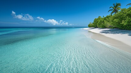 Crystal-clear waters kiss white sands under an endless azure sky at this idyllic tropical beach