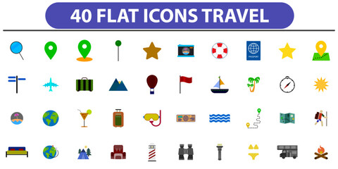 Modern flat icons vector collection with long shadow effect in stylish colors of traveling, tourism and vacation theme.