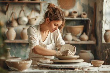 Young female ceramist teacher create pottery sculpture with hands on a pottery wheel from grey clay. Ceramics store, small business, pottery workshop or courses. Female potter working in pottery.