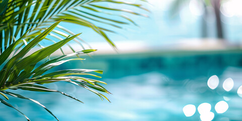 Tropical palm tree leaf with blurry swimming pool in background - obrazy, fototapety, plakaty