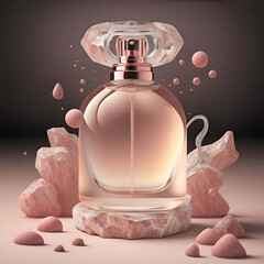 3D render design of a bottle with perfume against pink-grey  background for branding. soft dusty pink hue. close up. Ai generated. - 764133643