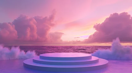 Gordijnen Dreamy stage platform display with dramatic pink sunset ocean background. 3D mockup © Trident