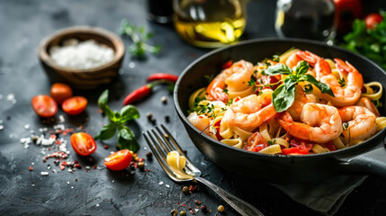 Italian pasta fettuccine in a creamy sauce with shrimp on a plate on dark background, side view. Copy space. Healthy whole grain linguine with shrimps, cherry tomatoes, fresh Parmesan cheese and basil
