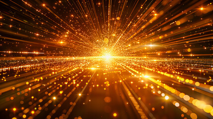Bright light explosion in space, abstract background with golden sparkles and energy burst