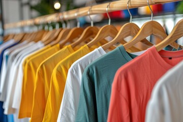 Clean, ironed tshirts on a hanger in a store or at home in a light wardrobe Clothing store concept for sale , high resolution