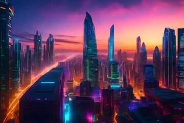 A futuristic cityscape showcasing innovative architecture against a backdrop of colorful skies.