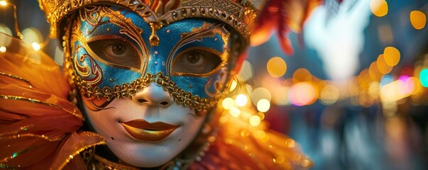 Masked dancer, Carnival attire, festive cultural performer, amidst skyscrapers and street art, surreal scene of tradition meeting modernity, photography, golden hour lighting