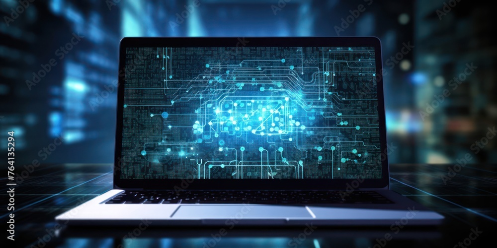 Poster laptop computer on table with business audit cyber code displayed generative ai