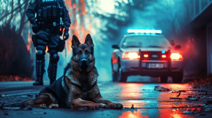 Police dog on duty patrol with a police officer in a large city street - obrazy, fototapety, plakaty