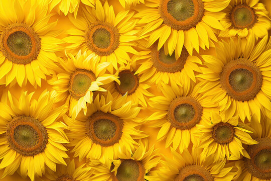 Vibrant Yellow Sunflowers in a Sunlit Field on a Bright Yellow Background With Sun in Center of Image