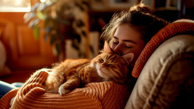 Woman Relaxing with her Beloved Cat