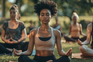 Group of diverse people practicing yoga meditation in a tranquil park setting at sunset